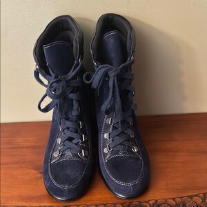 Navy Blue Suede Lace-Up Boots